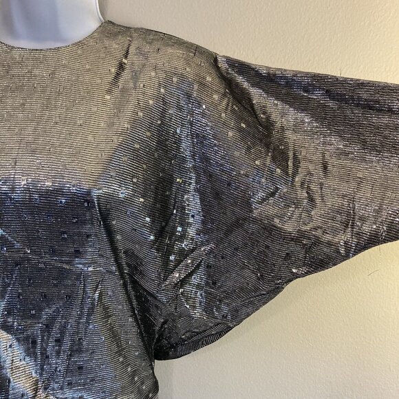 Vintage 1970s Disco Top Blouse Metallic Silver Medium Polka Dot NOS Deadstock - Picture 2 of 9